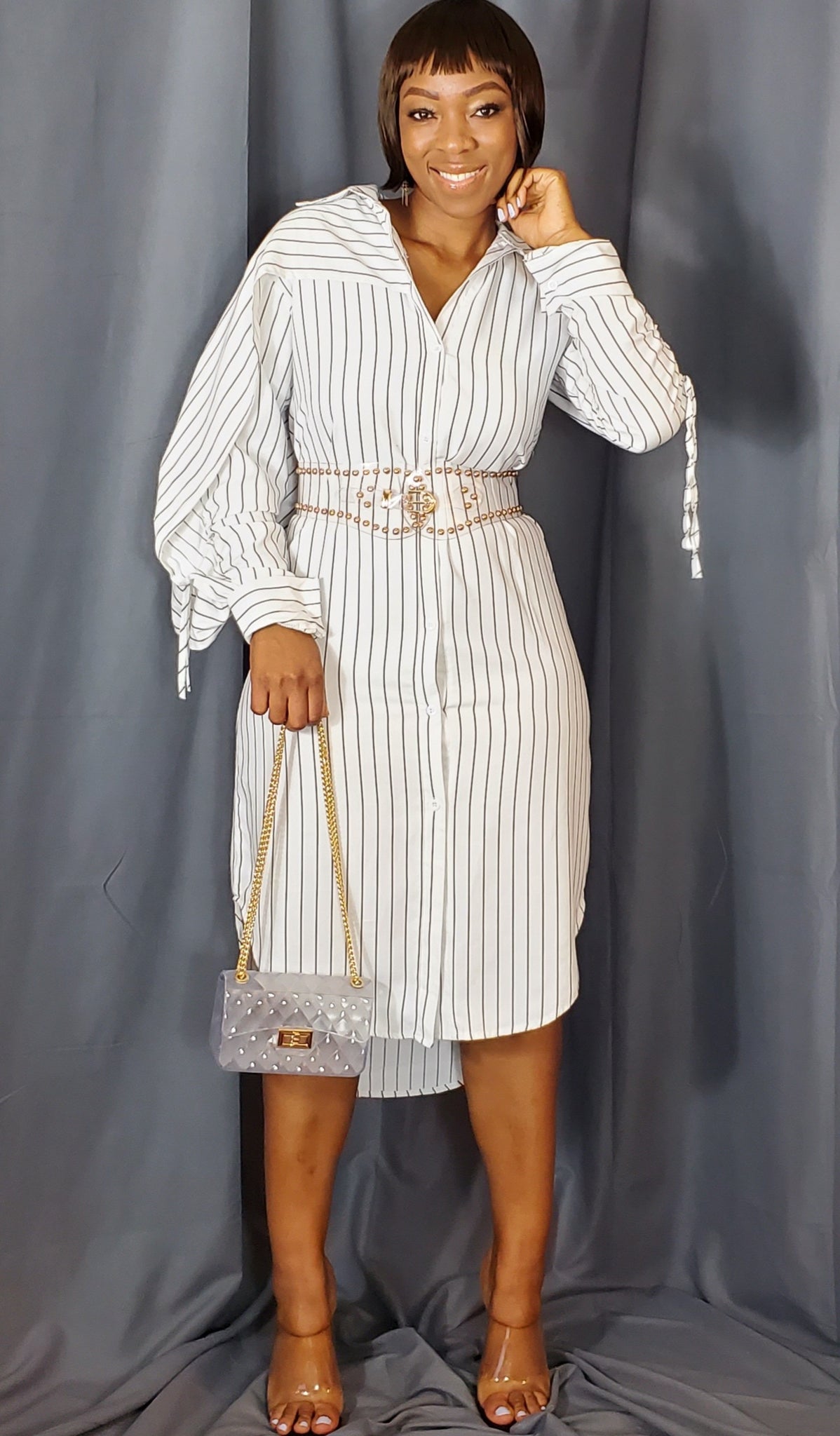 Puff Sleeve Long Button up Shirt Dress (White) Beyond Style By Mo Puff Sleeve Long Button up Shirt Dress (White) Beyond Style By Mo