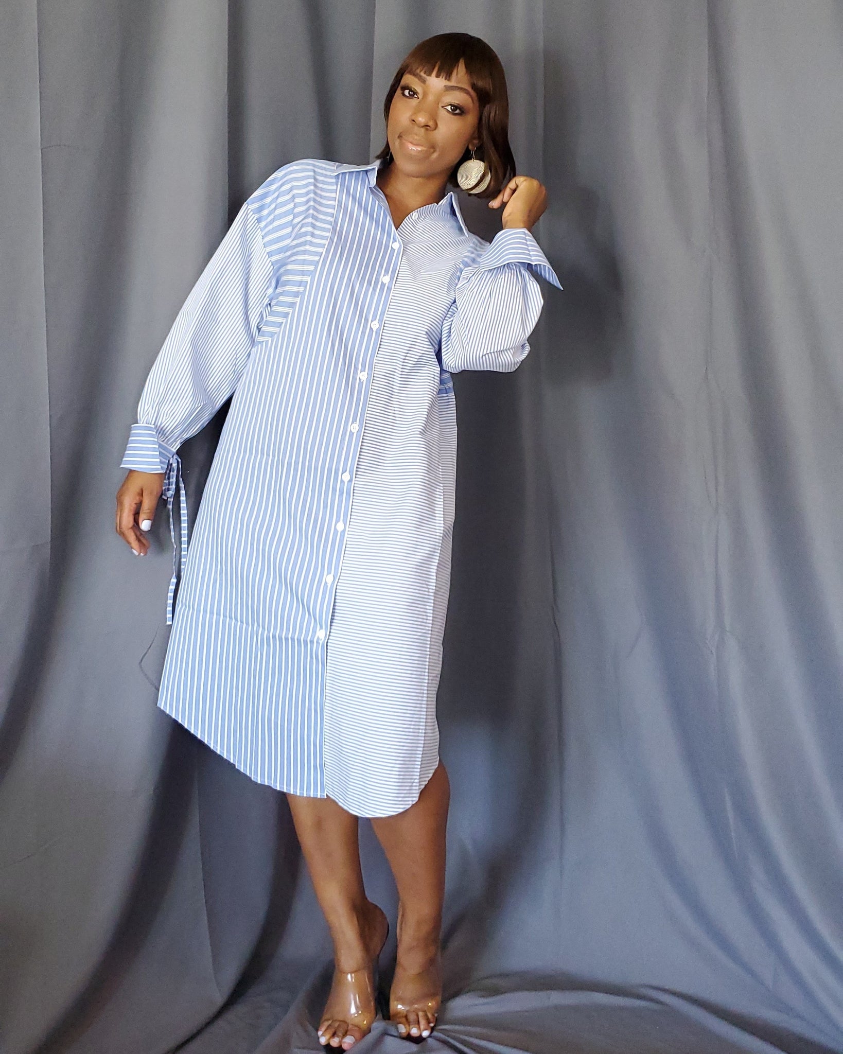 Blue/ White Button Shirt dress Beyond Style By Mo Blue/ White Button Shirt dress Beyond Style By Mo